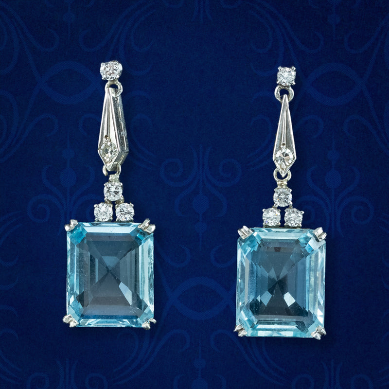 Art Deco Aquamarine Diamond Drop Earrings 18ct Gold 6.5ct Aquas