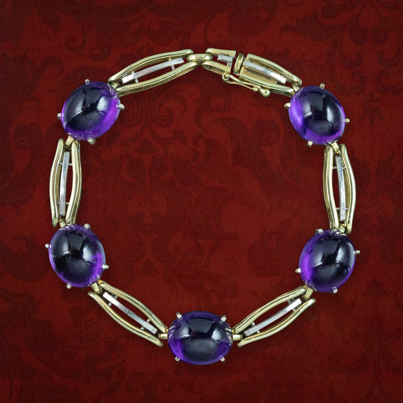 Art Deco Cabochon Amethyst Bracelet 14ct Gold