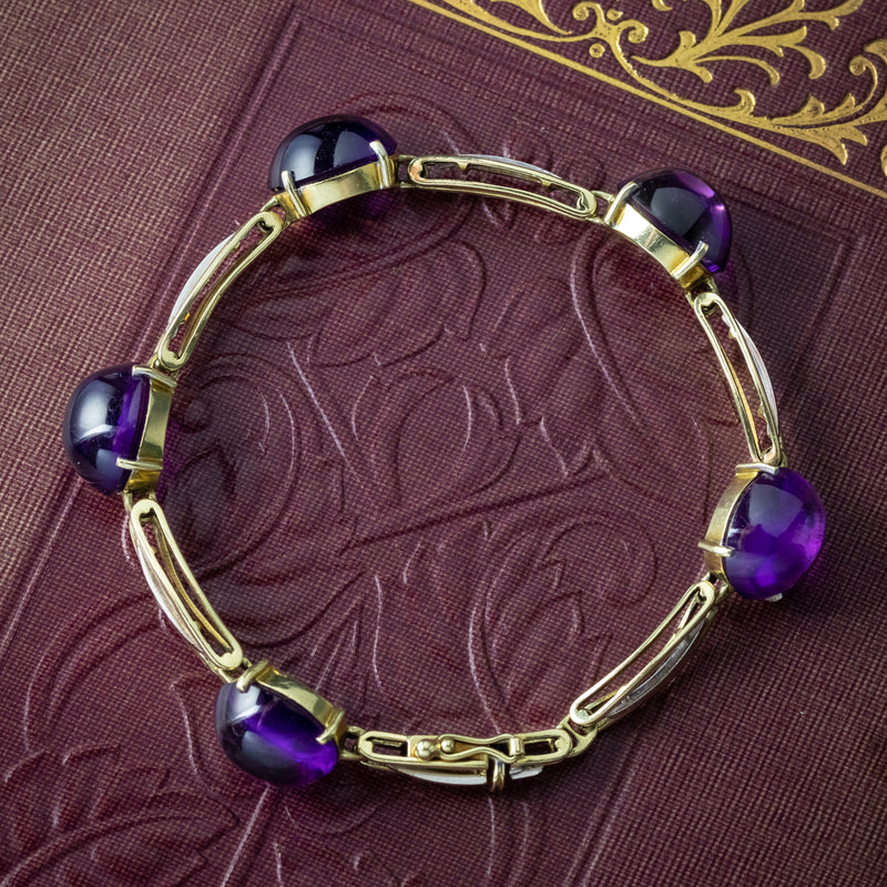 Art Deco Cabochon Amethyst Bracelet 14ct Gold