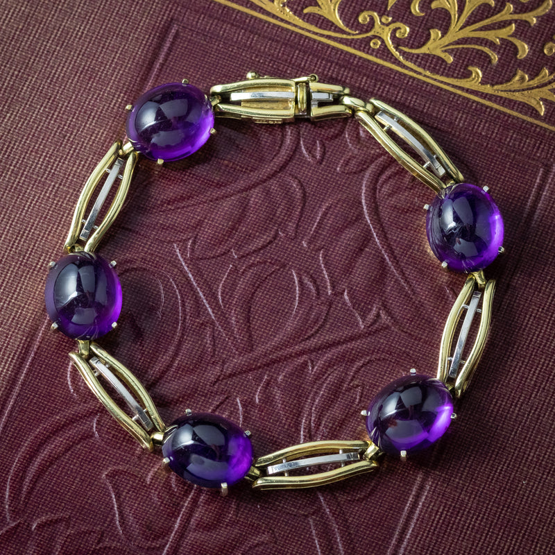 Art Deco Cabochon Amethyst Bracelet 14ct Gold
