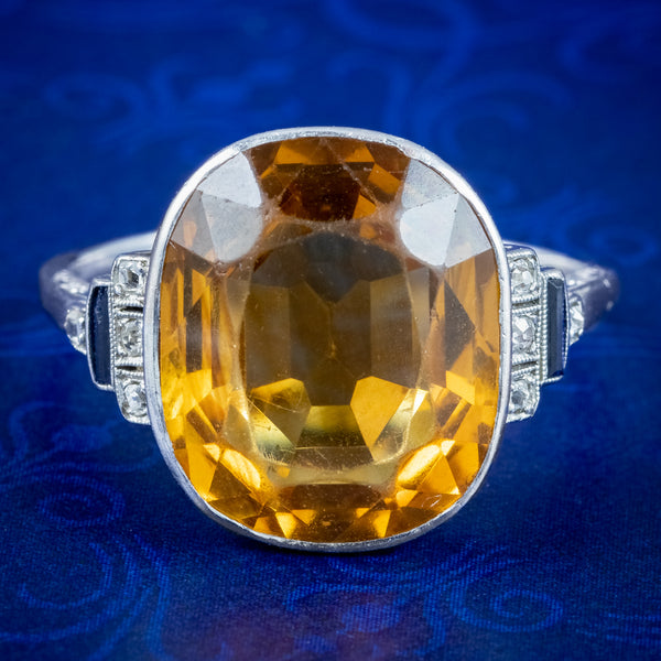 Art Deco Citrine Sapphire Diamond Ring 8ct Citrine