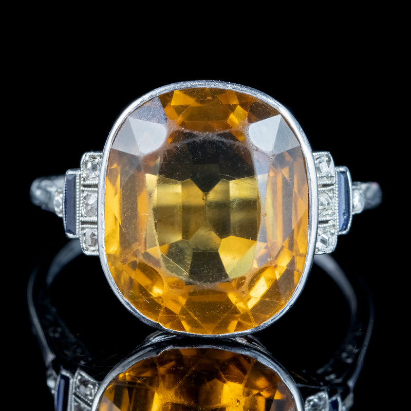 Art Deco Citrine Sapphire Diamond Ring 8ct Citrine