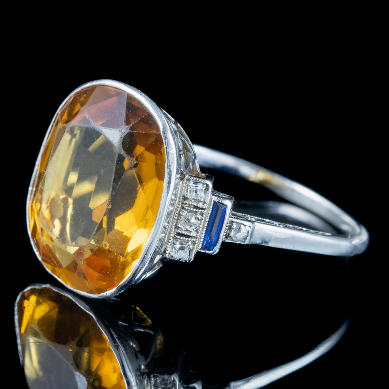 Art Deco Citrine Sapphire Diamond Ring 8ct Citrine