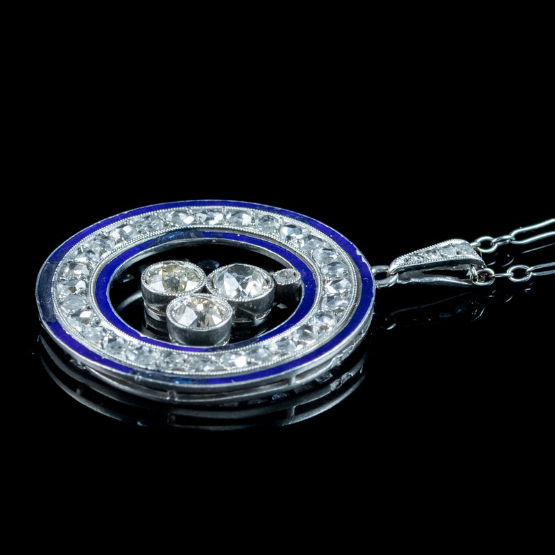 Art Deco Diamond Enamel Pendant Necklace Platinum 2.5ct Diamond
