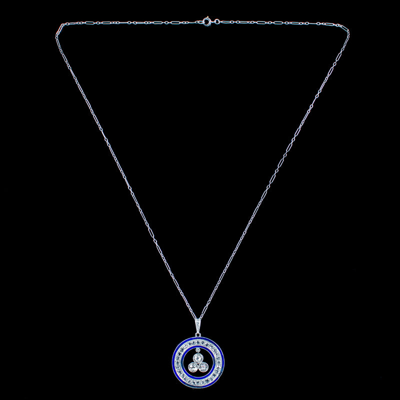 Art Deco Diamond Enamel Pendant Necklace Platinum 2.5ct Diamond