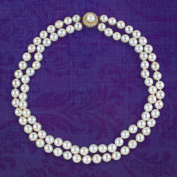 Art Deco Double Strand Pearl Necklace 18ct Gold Diamond Clasp