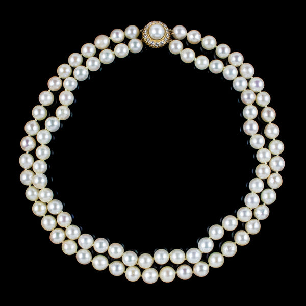 Art Deco Double Strand Pearl Necklace 18ct Gold Diamond Clasp