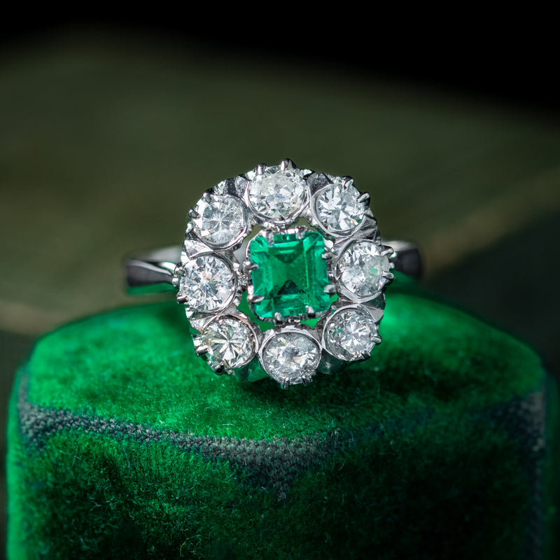 Art Deco Emerald Diamond Cluster Ring 0.38ct Emerald 