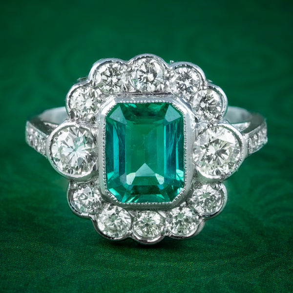 Art Deco Emerald Diamond Cluster Ring 1.8ct Emerald