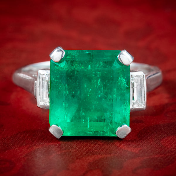 Art Deco Emerald Diamond Trilogy Ring 7.24ct Colombian Emerald With Cert