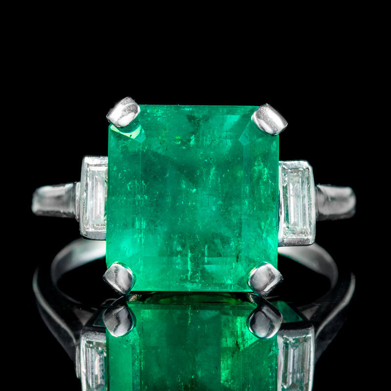 Art Deco Emerald Diamond Trilogy Ring 7.24ct Colombian Emerald With Cert