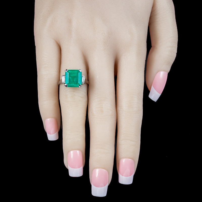 Art Deco Emerald Diamond Trilogy Ring 7.24ct Colombian Emerald With Cert