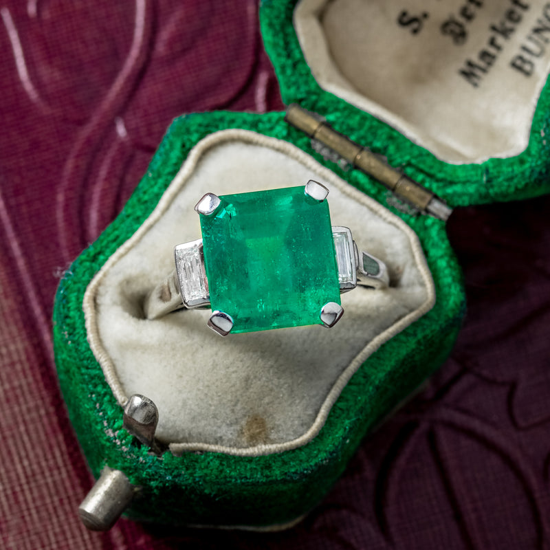 Art Deco Emerald Diamond Trilogy Ring 7.24ct Colombian Emerald With Cert