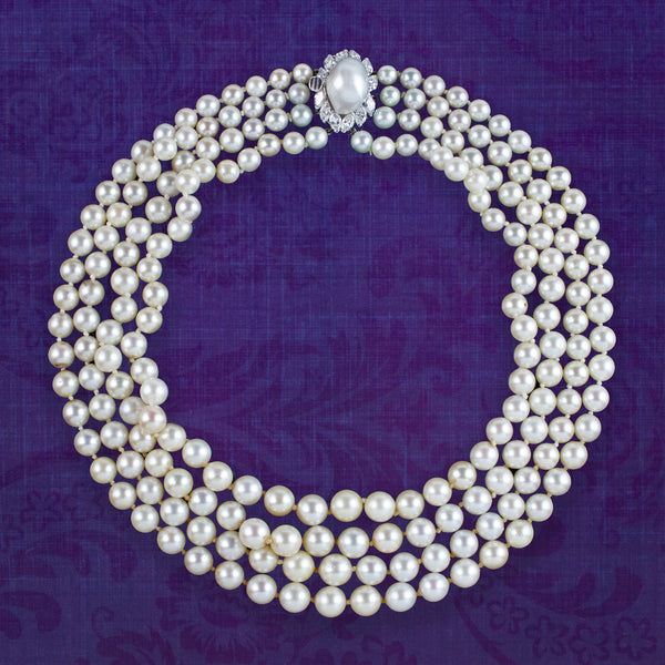 Art Deco Four Strand Pearl Necklace With Pearl Diamond Clasp