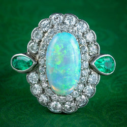 Art Deco Opal Emerald Diamond Cocktail Ring 4ct Opal 