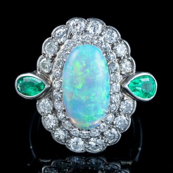 Art Deco Opal Emerald Diamond Cocktail Ring 4ct Opal 