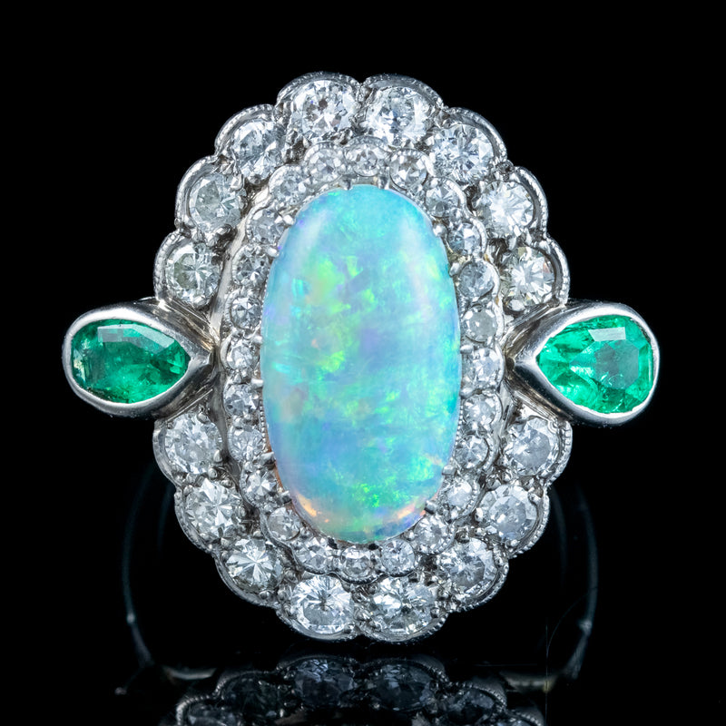 Art Deco Opal Emerald Diamond Cocktail Ring 4ct Opal 