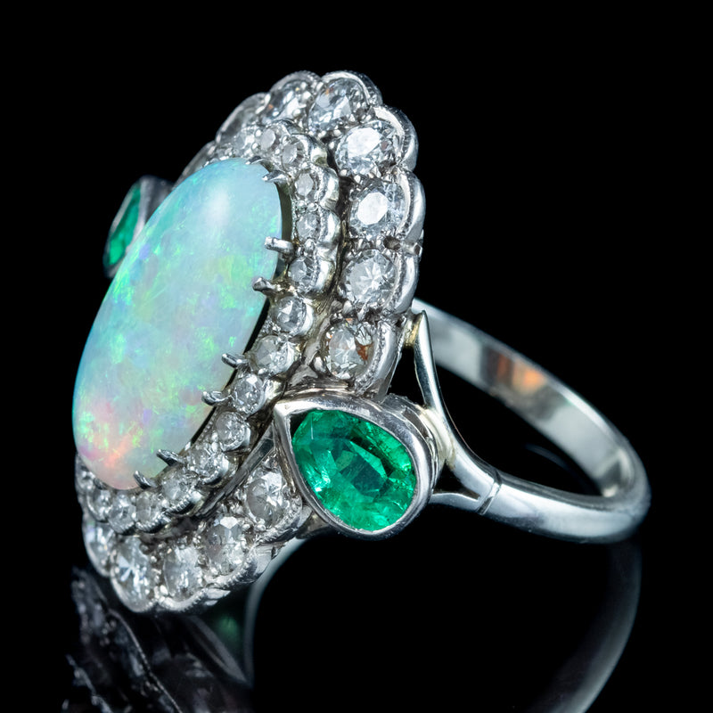 Art Deco Opal Emerald Diamond Cocktail Ring 4ct Opal 