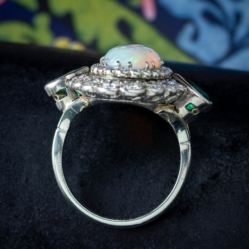Art Deco Opal Emerald Diamond Cocktail Ring 4ct Opal 