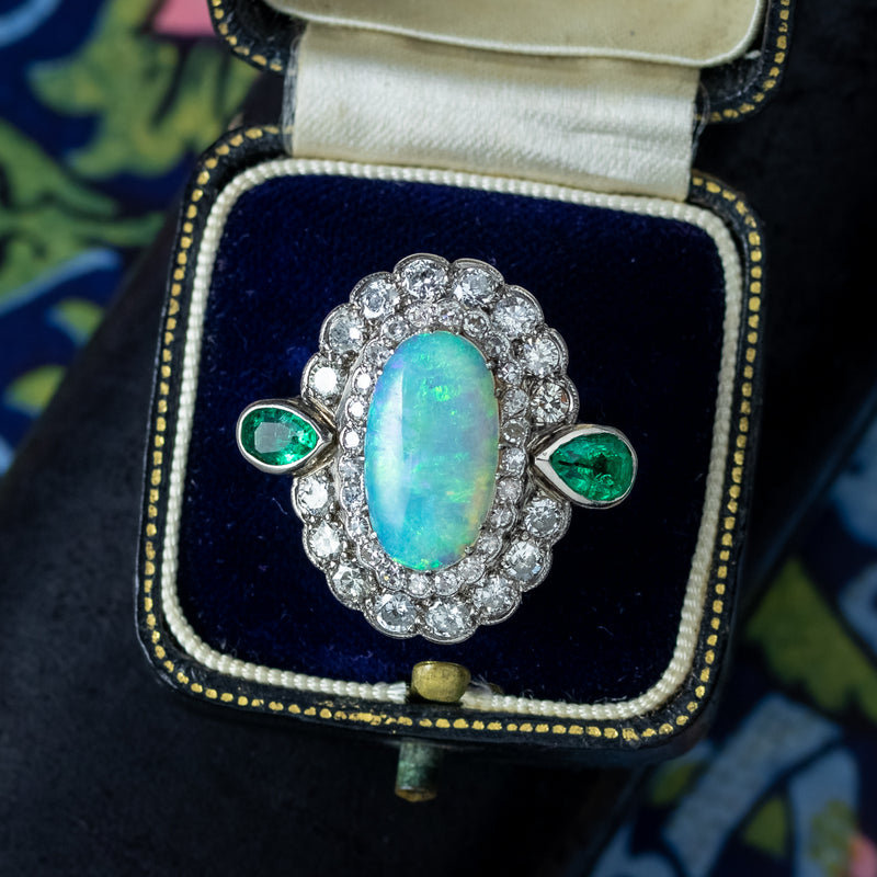 Art Deco Opal Emerald Diamond Cocktail Ring 4ct Opal 