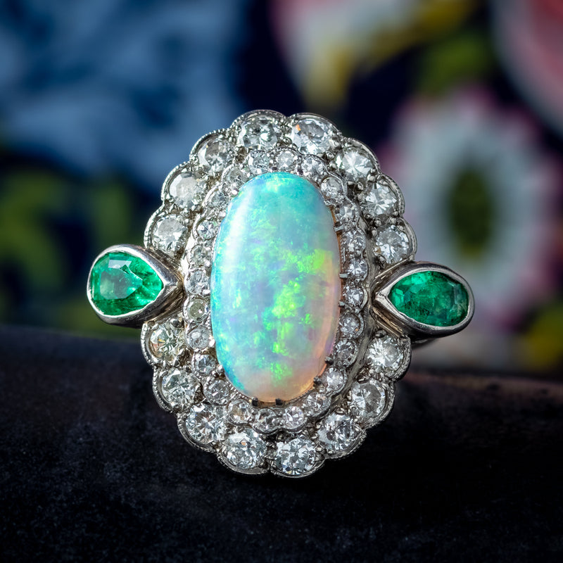 Art Deco Opal Emerald Diamond Cocktail Ring 4ct Opal 
