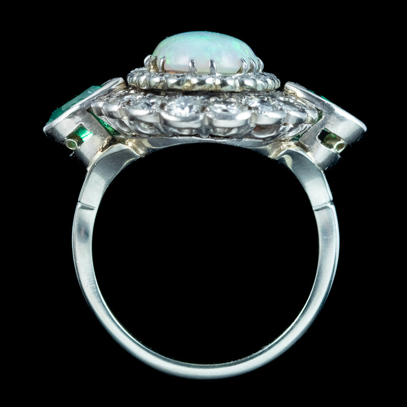 Art Deco Opal Emerald Diamond Cocktail Ring 4ct Opal 