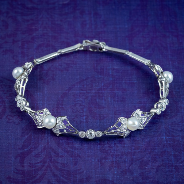 Art Deco Pearl Diamond Bracelet 18ct Gold 2.5ct Of Diamond