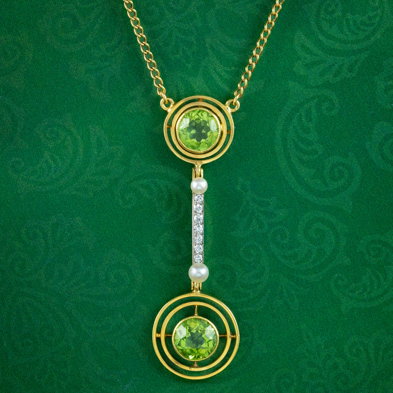 Art Deco Peridot Diamond Pearl Lavaliere Necklace 15ct Gold 