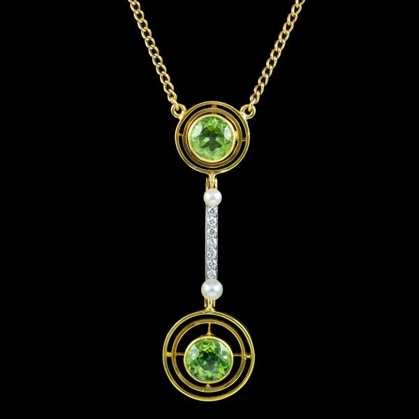 Art Deco Peridot Diamond Pearl Lavaliere Necklace 15ct Gold 