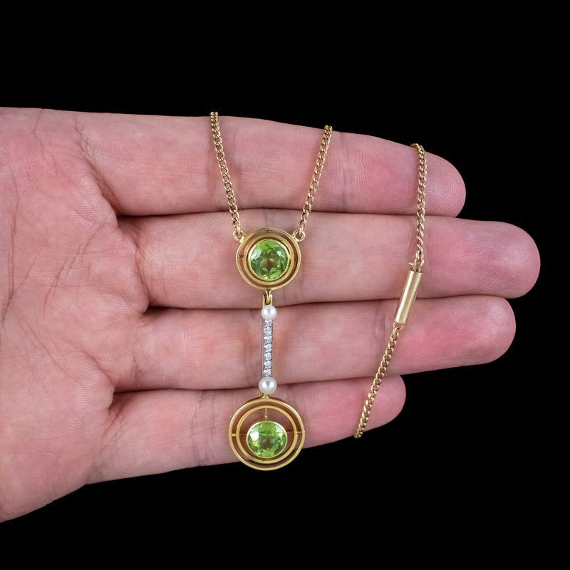 Art Deco Peridot Diamond Pearl Lavaliere Necklace 15ct Gold 