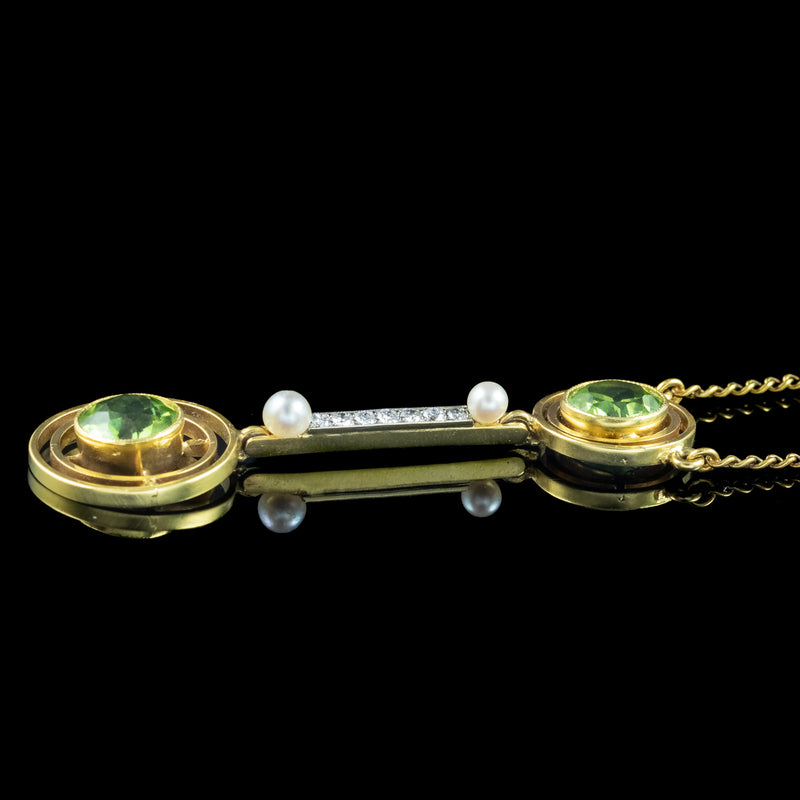 Art Deco Peridot Diamond Pearl Lavaliere Necklace 15ct Gold 