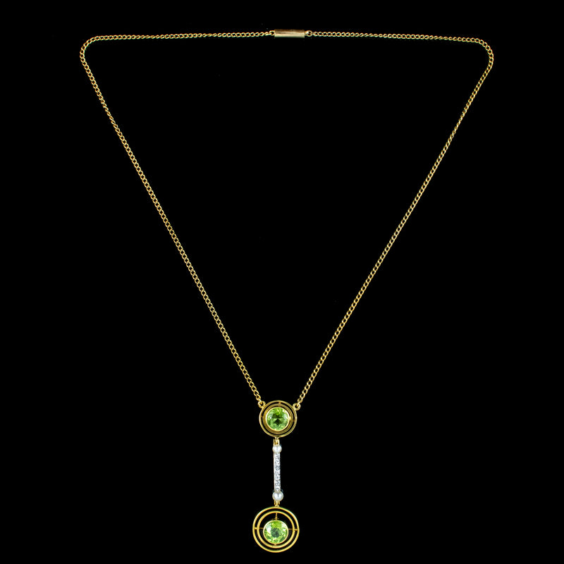 Art Deco Peridot Diamond Pearl Lavaliere Necklace 15ct Gold 