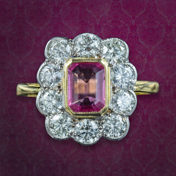Art Deco Sapphire Diamond Cluster Ring 1.2ct Pink Sapphire