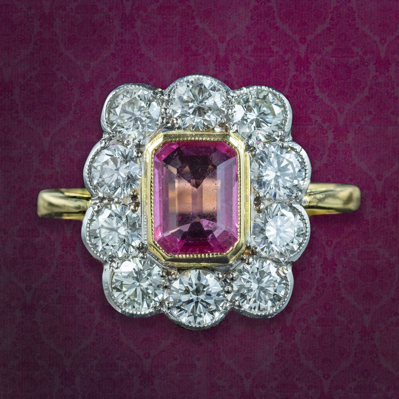 Art Deco Sapphire Diamond Cluster Ring 1.2ct Pink Sapphire