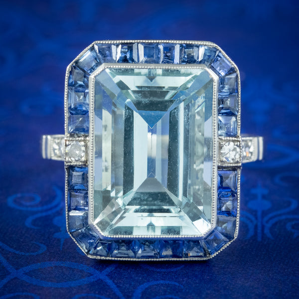 Art Deco Style Aquamarine Sapphire Diamond Cocktail Ring 7.29ct Aqua