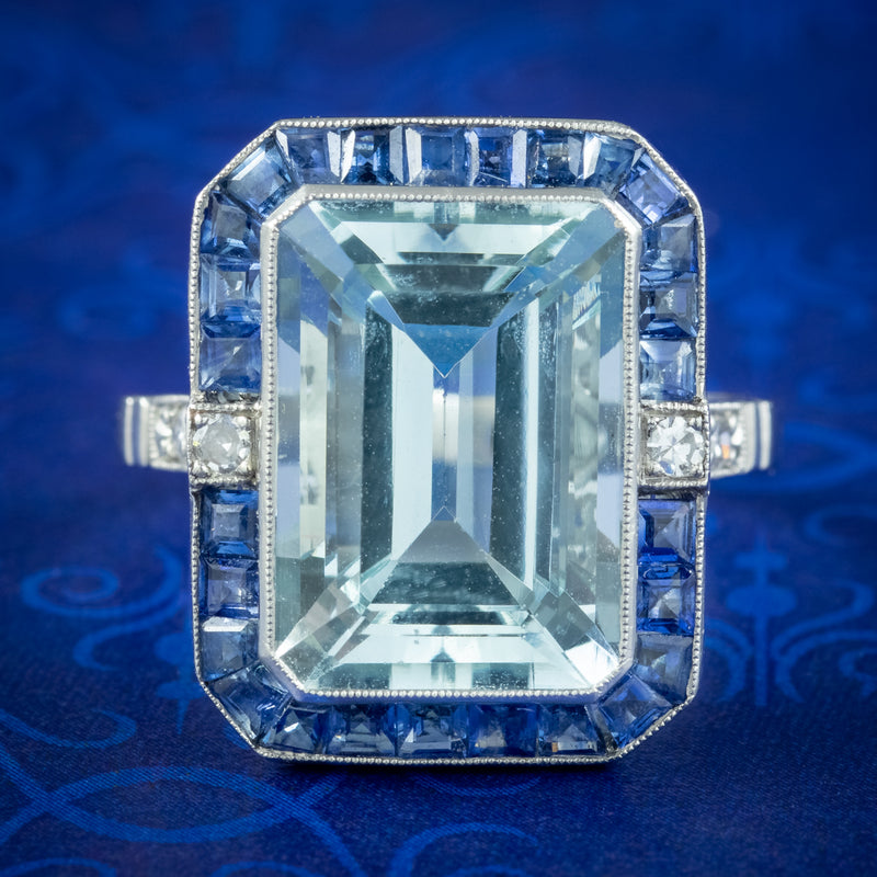 Art Deco Style Aquamarine Sapphire Diamond Cocktail Ring 7.29ct Aqua