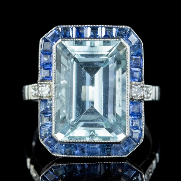 Art Deco Style Aquamarine Sapphire Diamond Cocktail Ring 7.29ct Aqua