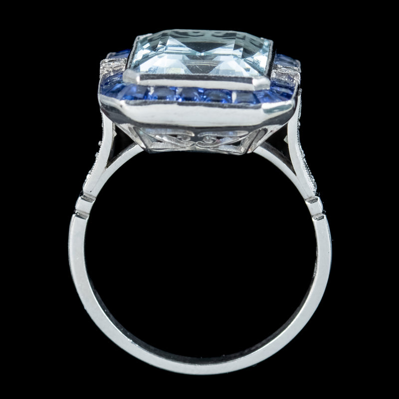 Art Deco Style Aquamarine Sapphire Diamond Cocktail Ring 7.29ct Aqua