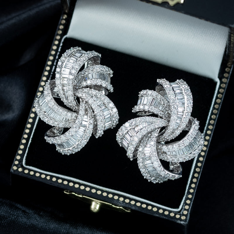 Art Deco Style Diamond Spiral Cluster Earrings 18ct Gold 6.5ct Total