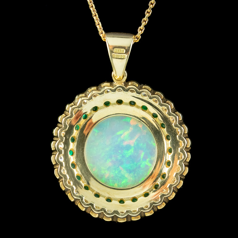Art Deco Style Opal Emerald Diamond Pendant Necklace 18ct Gold 20ct Opal 