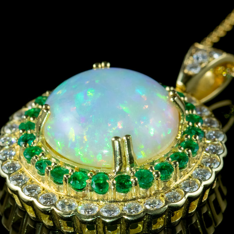Art Deco Style Opal Emerald Diamond Pendant Necklace 18ct Gold 20ct Opal 