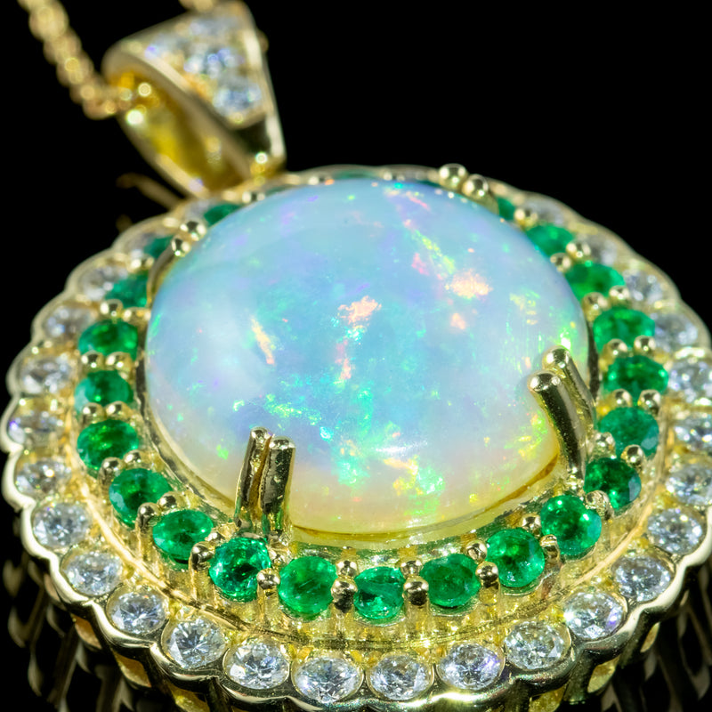 Art Deco Style Opal Emerald Diamond Pendant Necklace 18ct Gold 20ct Opal 