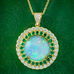 Art Deco Style Opal Emerald Diamond Pendant Necklace 18ct Gold 20ct Opal 