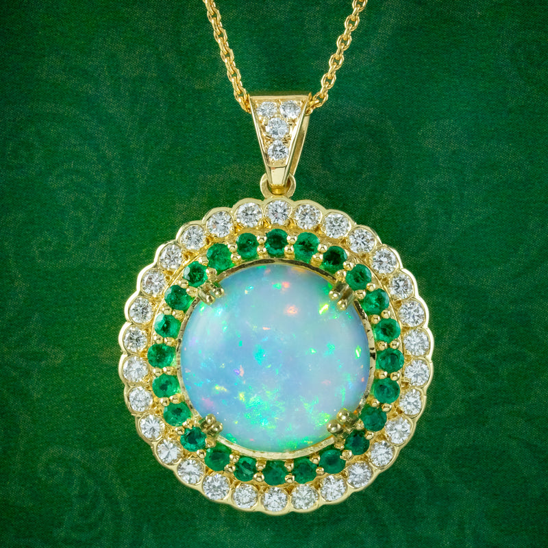 Art Deco Style Opal Emerald Diamond Pendant Necklace 18ct Gold 20ct Opal 