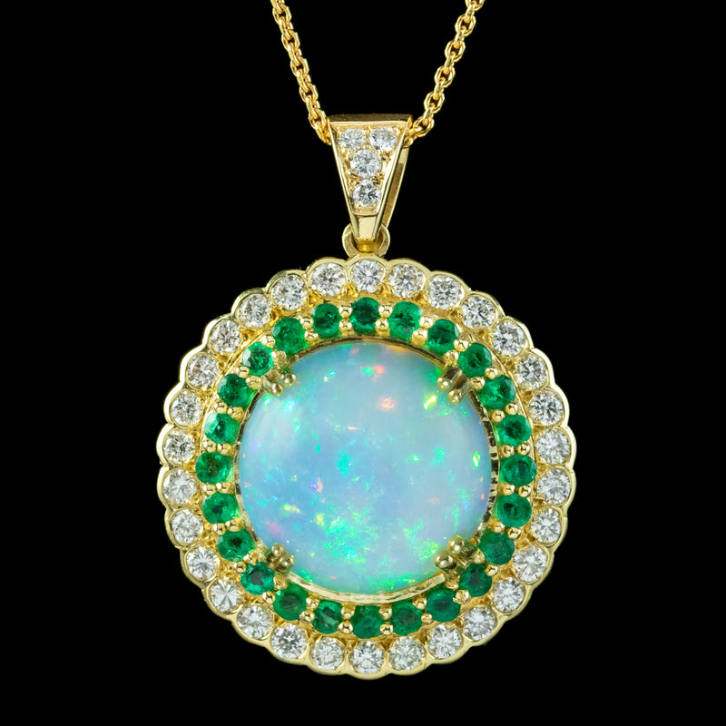 Art Deco Style Opal Emerald Diamond Pendant Necklace 18ct Gold 20ct Opal 