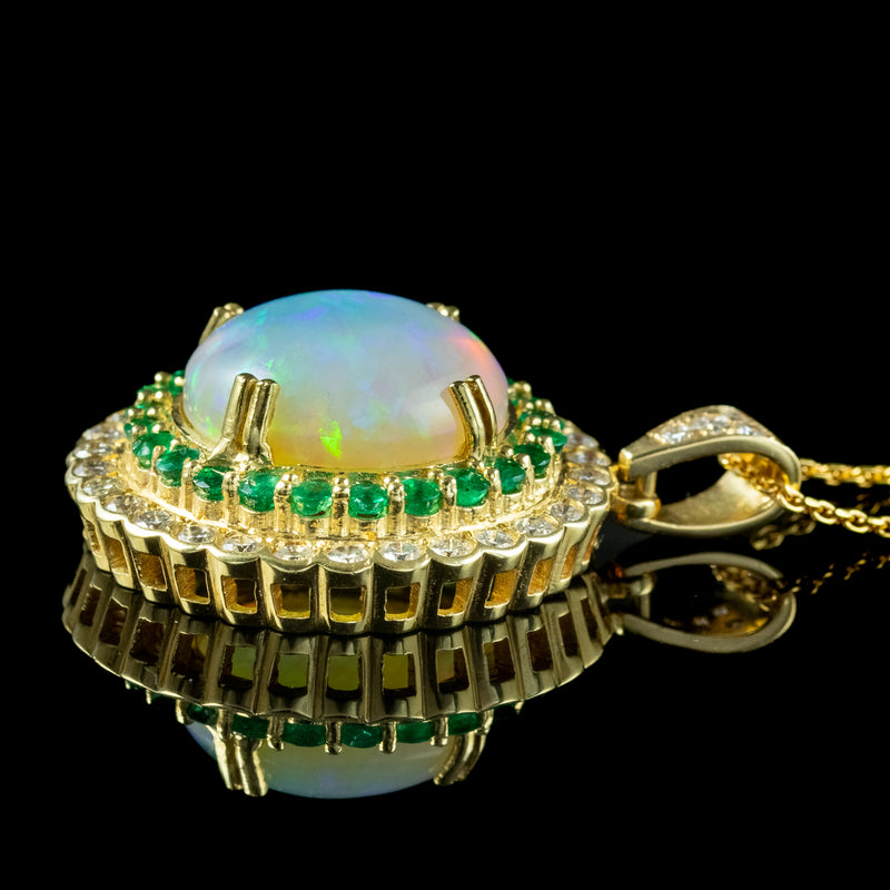 Art Deco Style Opal Emerald Diamond Pendant Necklace 18ct Gold 20ct Opal 