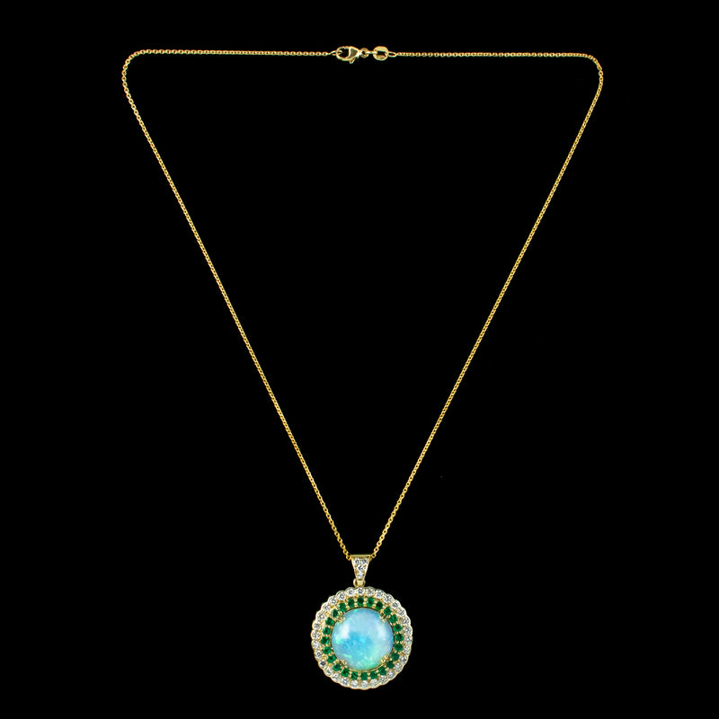 Art Deco Style Opal Emerald Diamond Pendant Necklace 18ct Gold 20ct Opal 