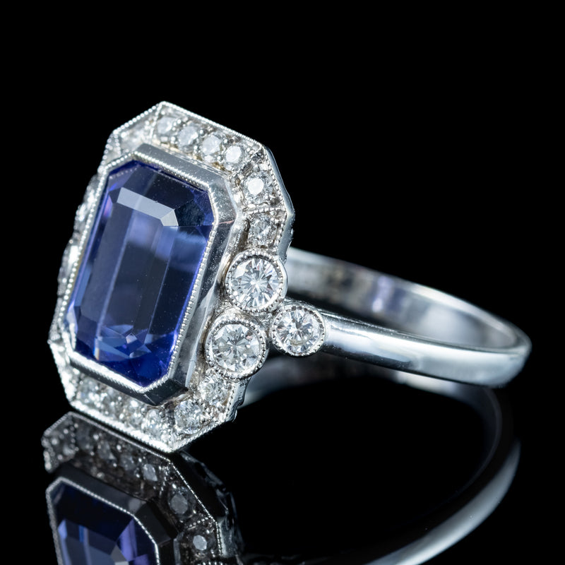 Art Deco Style Tanzanite Diamond Cluster Ring 3.55ct Tanzanite 