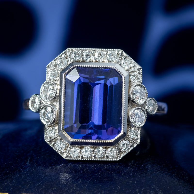 Art Deco Style Tanzanite Diamond Cluster Ring 3.55ct Tanzanite 