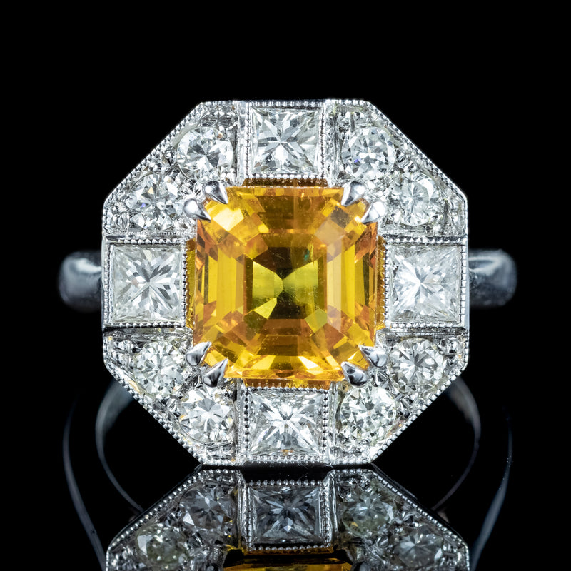 Art Deco Style Yellow Sapphire Diamond Cluster Ring 3.78ct Sapphire
